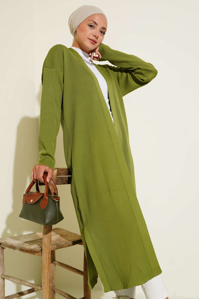 Olive Green Fine Ribbed Long Cardigan