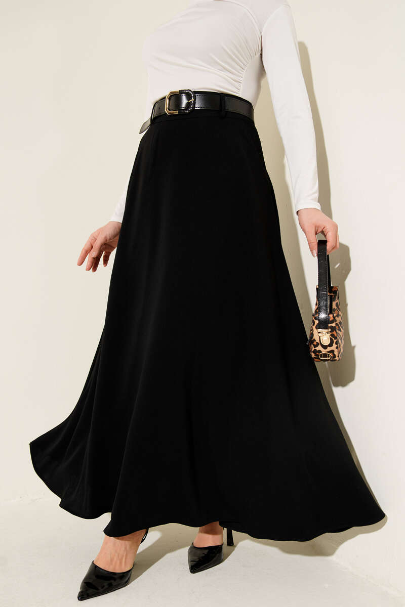 Black Elegant Belted Skirt