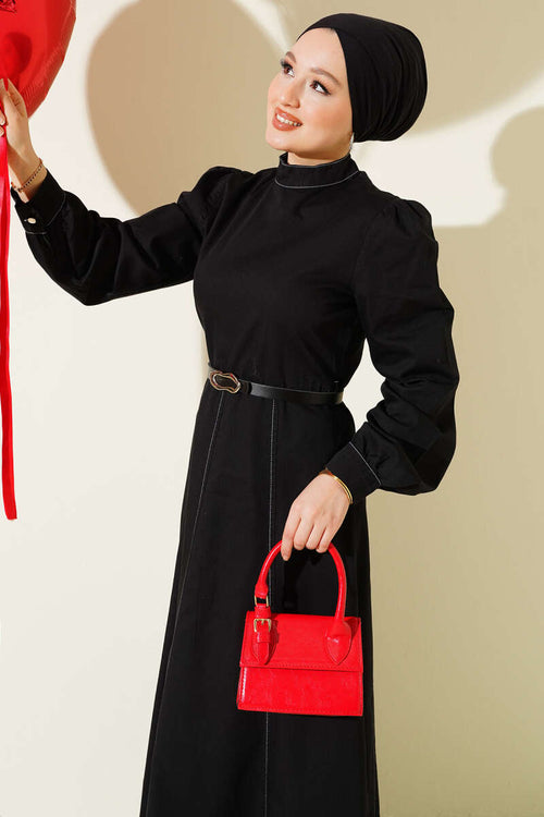 Black Denim-Look Flared Dress
