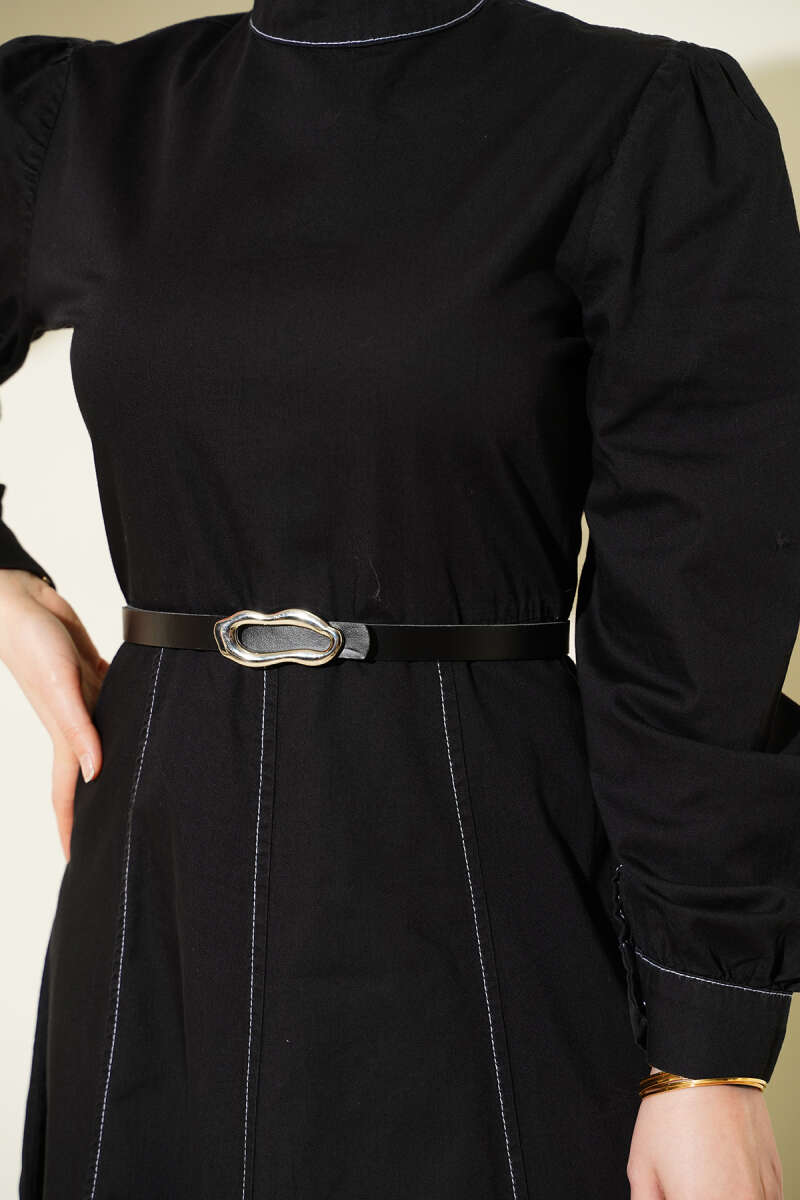 Black Denim-Look Flared Dress