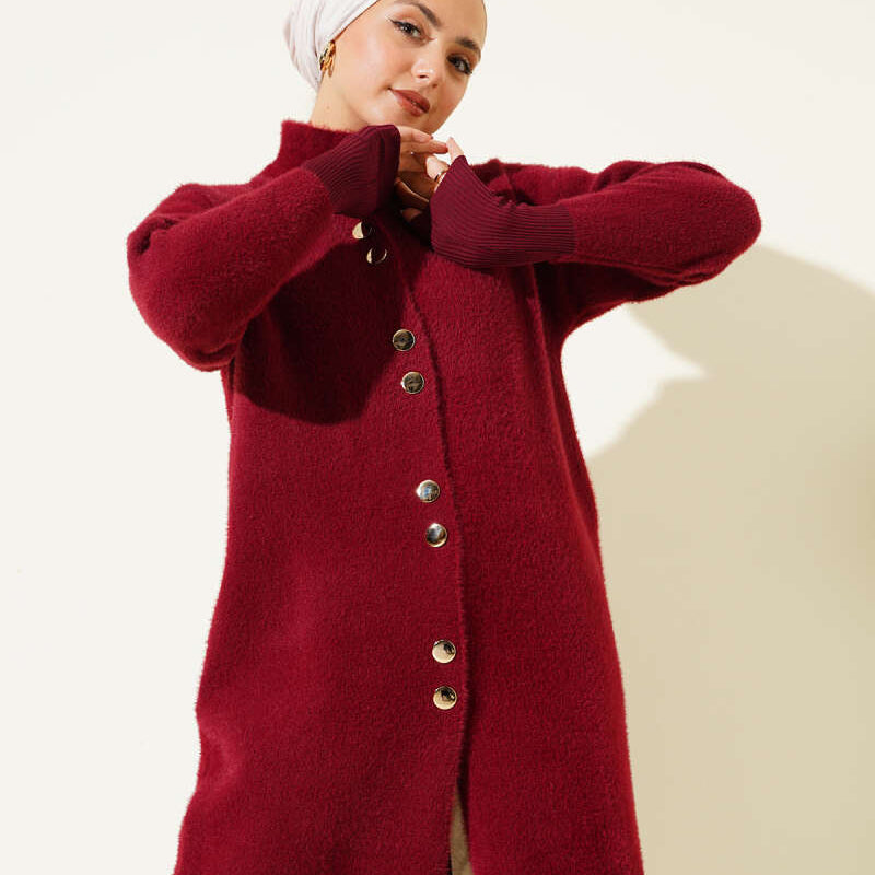 Burgundy Fleece Cardigan with Metal Buttons