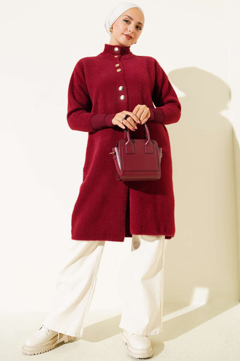 Burgundy Fleece Cardigan with Metal Buttons