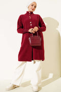 Burgundy Fleece Cardigan with Metal Buttons