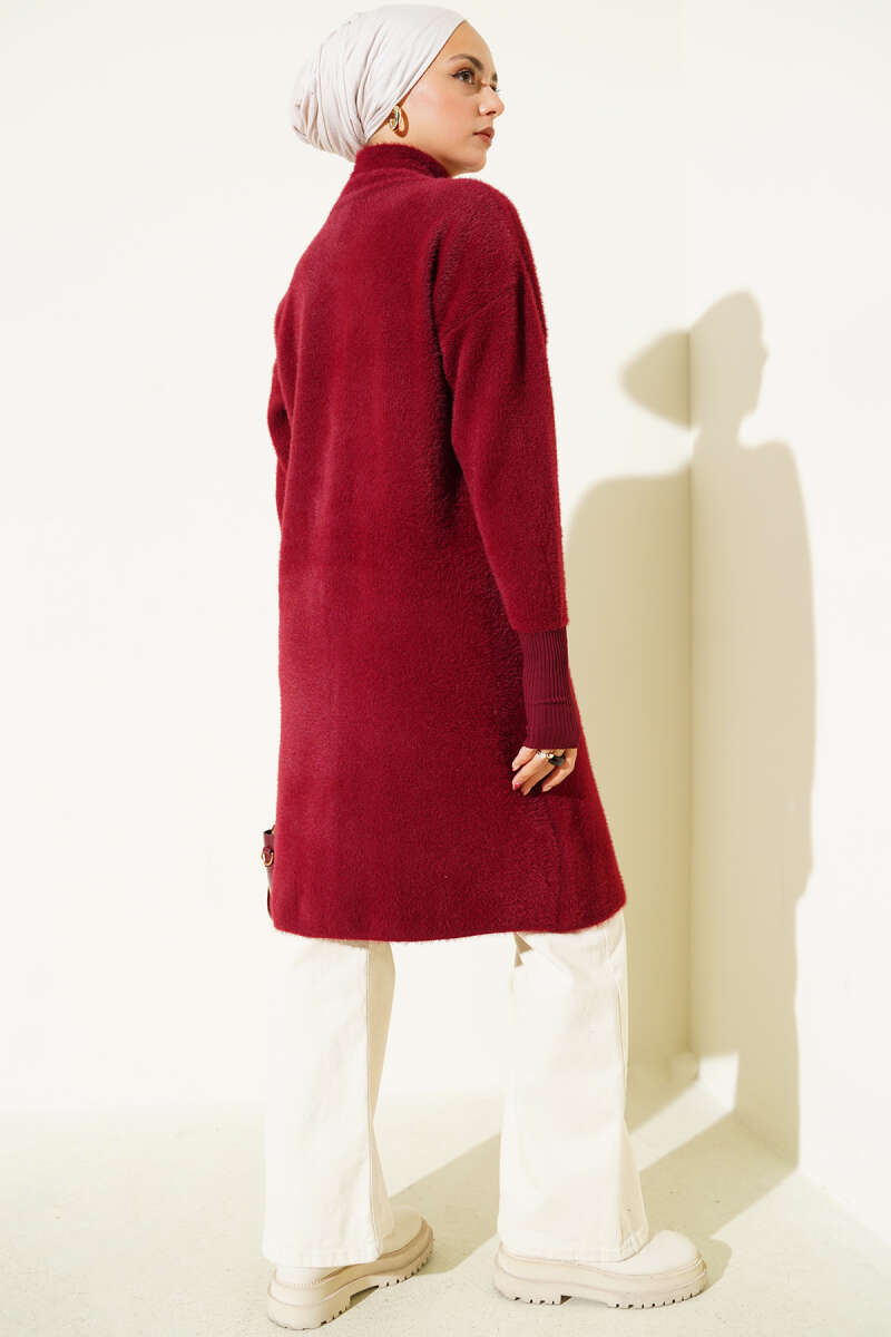 Burgundy Fleece Cardigan with Metal Buttons
