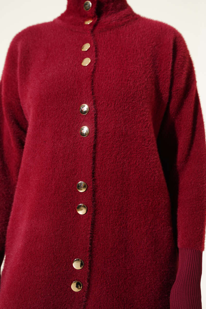 Burgundy Fleece Cardigan with Metal Buttons