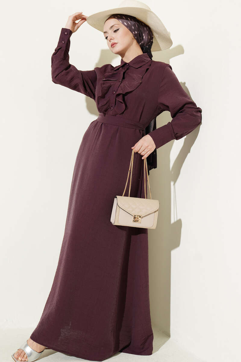 Elegant Plum Half-Buttoned Dress with Ruffles