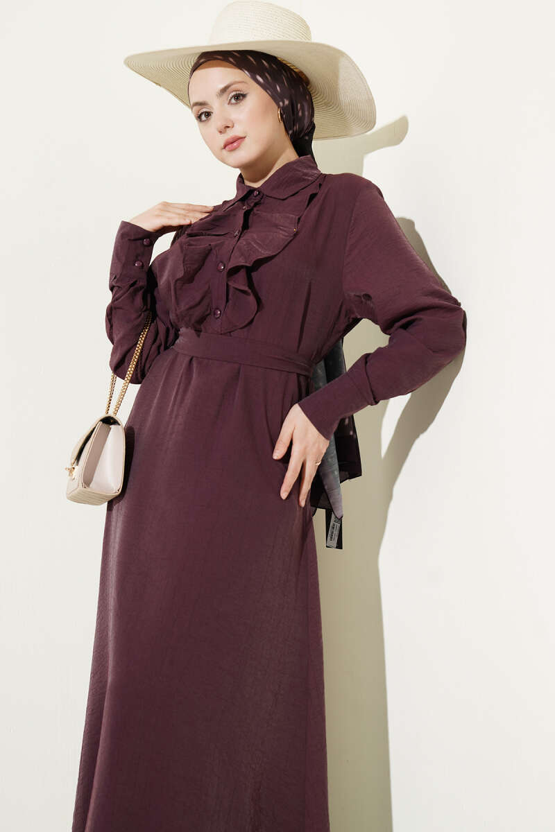 Elegant Plum Half-Buttoned Dress with Ruffles