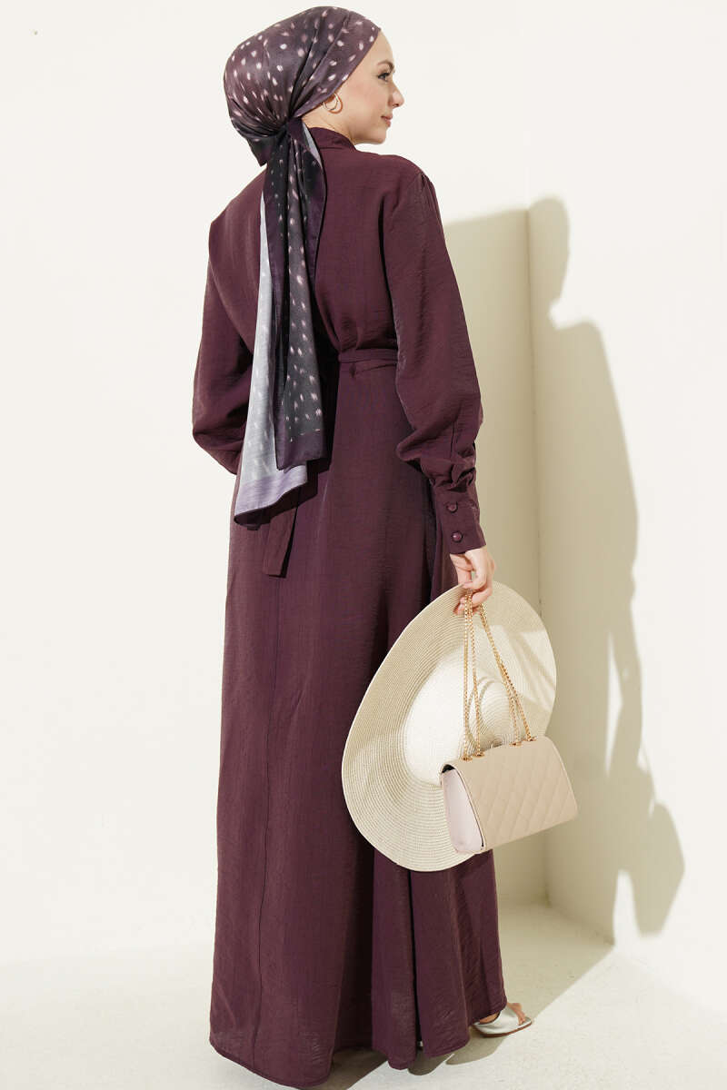 Elegant Plum Half-Buttoned Dress with Ruffles