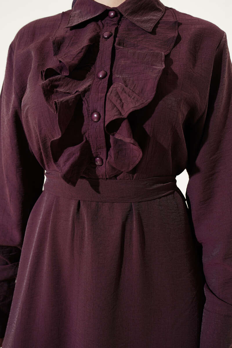 Elegant Plum Half-Buttoned Dress with Ruffles
