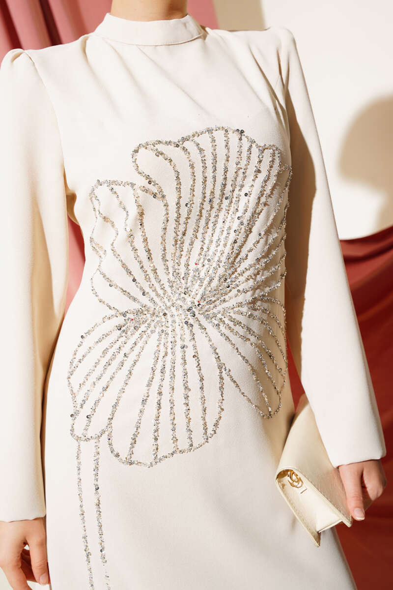 Beige Dress with Floral Embellishments