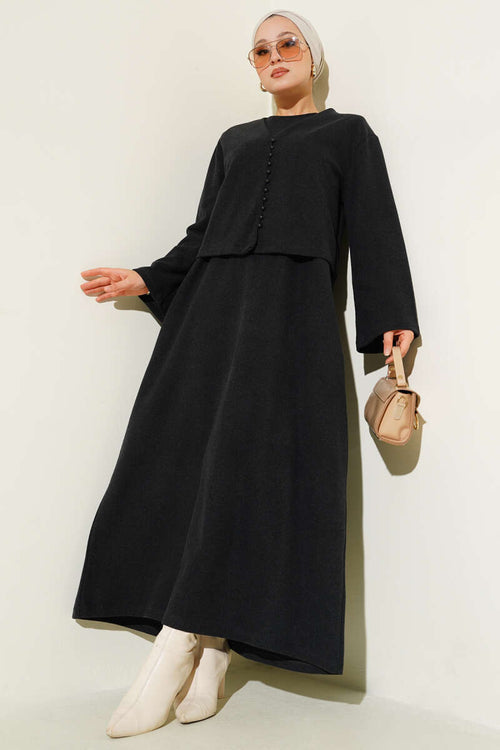 Anthracite Two-Piece Dress with Mini Buttons Details