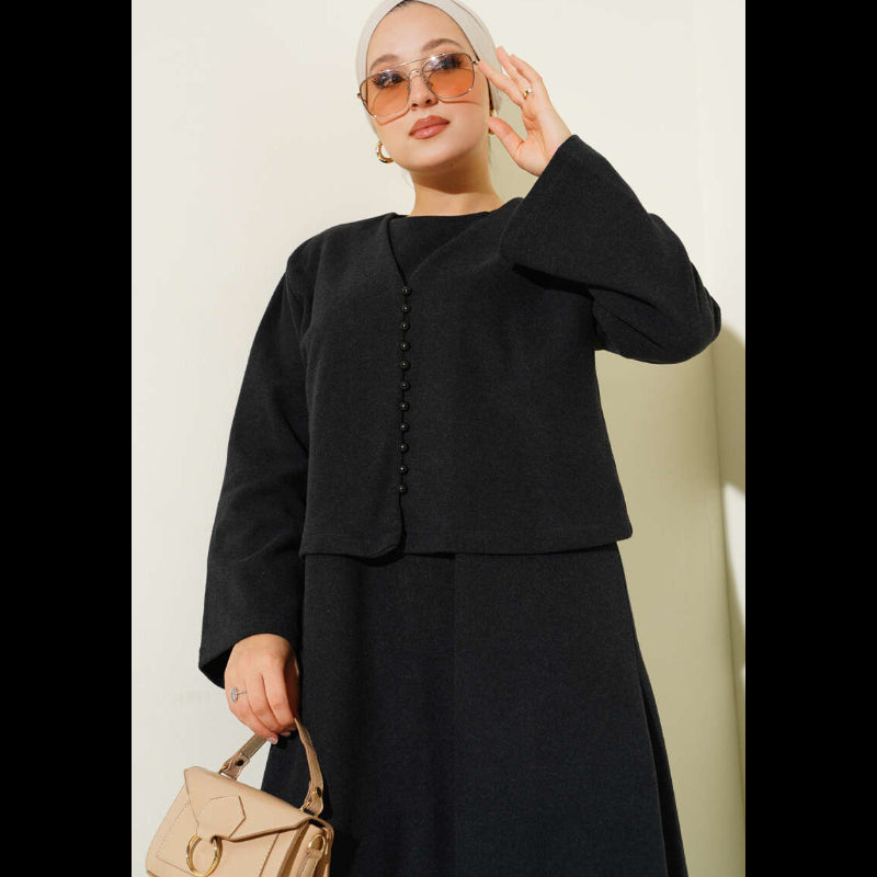 Anthracite Two-Piece Dress with Mini Buttons Details