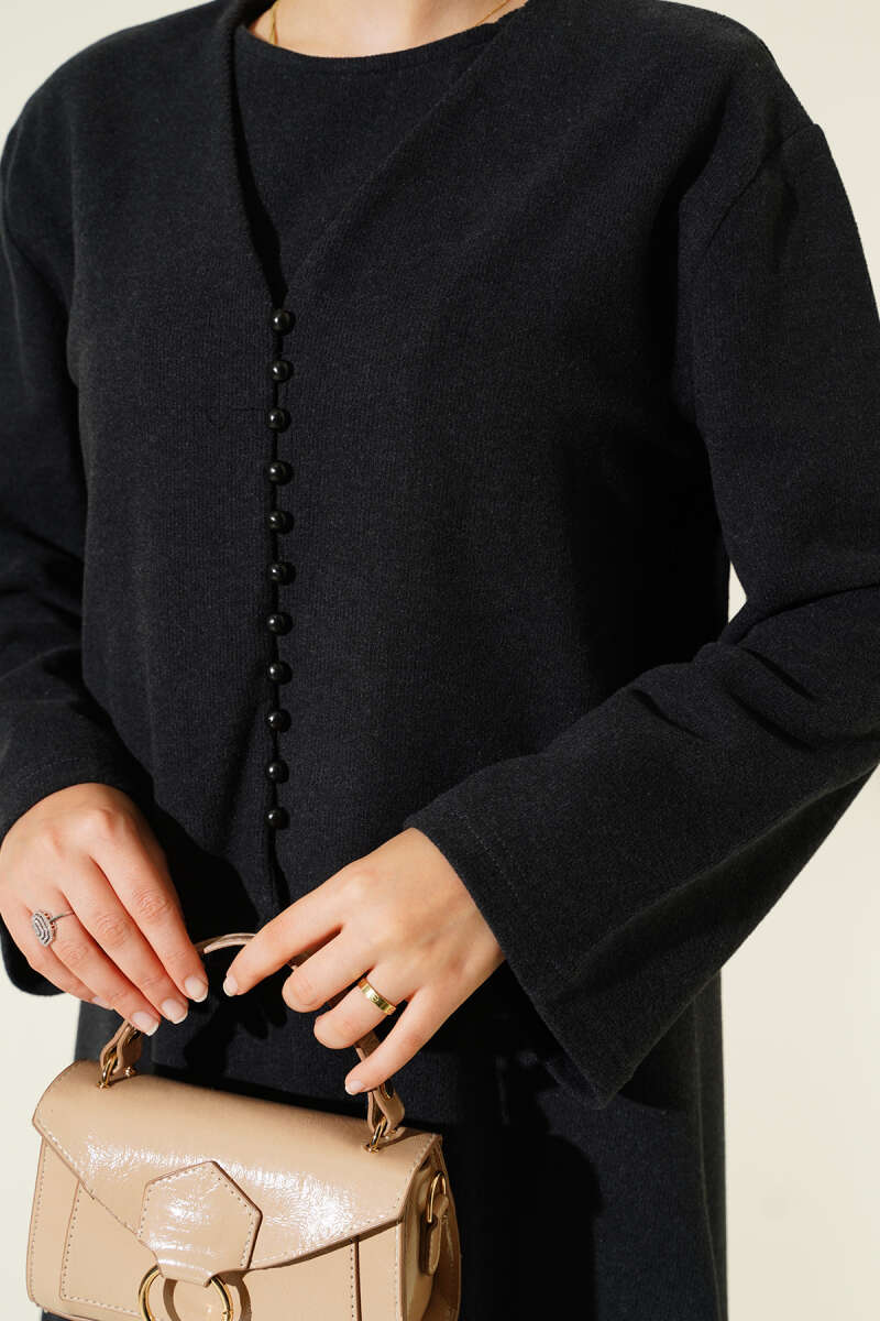 Anthracite Two-Piece Dress with Mini Buttons Details