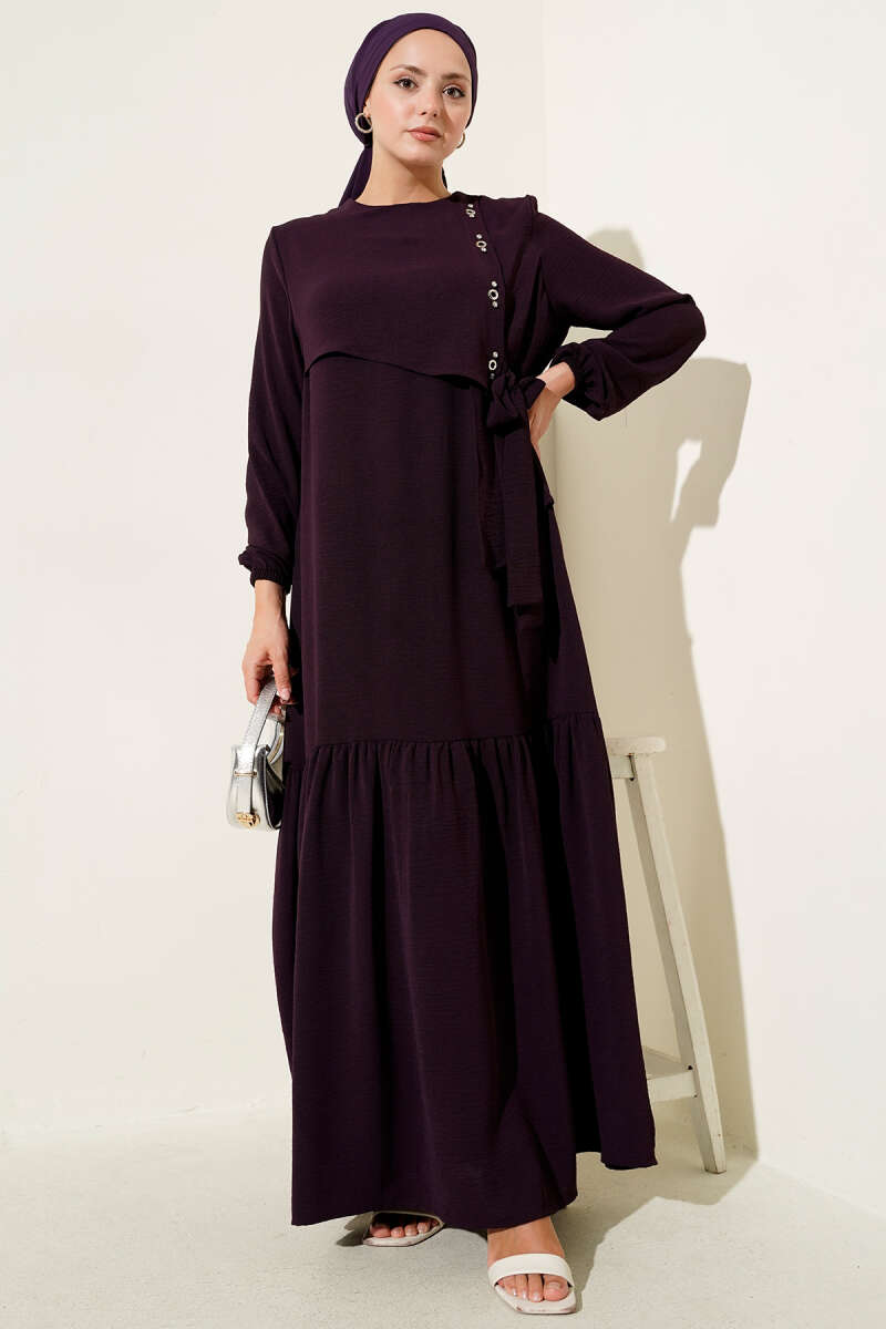 Plum Tie-Up Dress with Stone Embellished Eyelet Detail