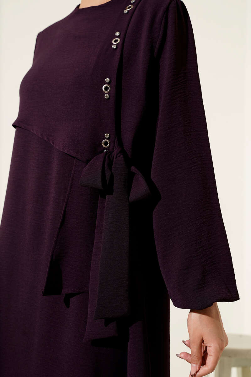 Plum Tie-Up Dress with Stone Embellished Eyelet Detail
