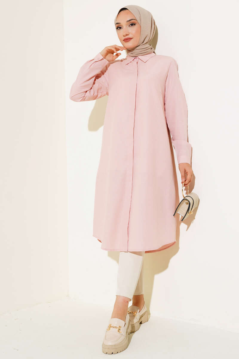 Powder Pink Long Style Classic Collar Tunic