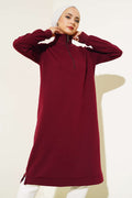 Regular Fit Burgundy Half-Zip Basic Long Tunic