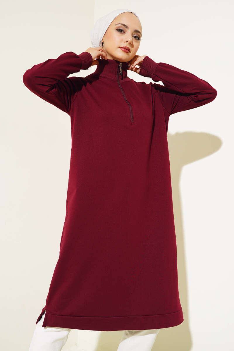 Regular Fit Burgundy Half-Zip Basic Long Tunic