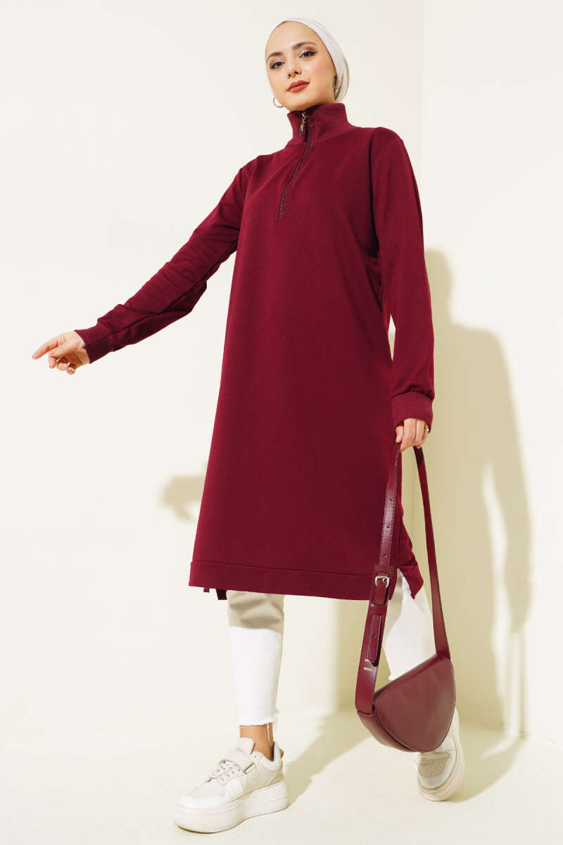 Regular Fit Burgundy Half-Zip Basic Long Tunic