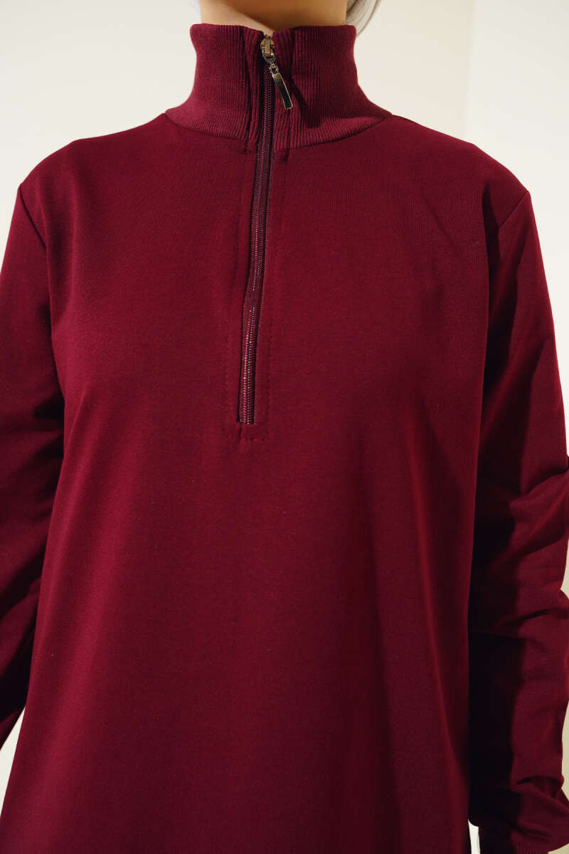 Regular Fit Burgundy Half-Zip Basic Long Tunic