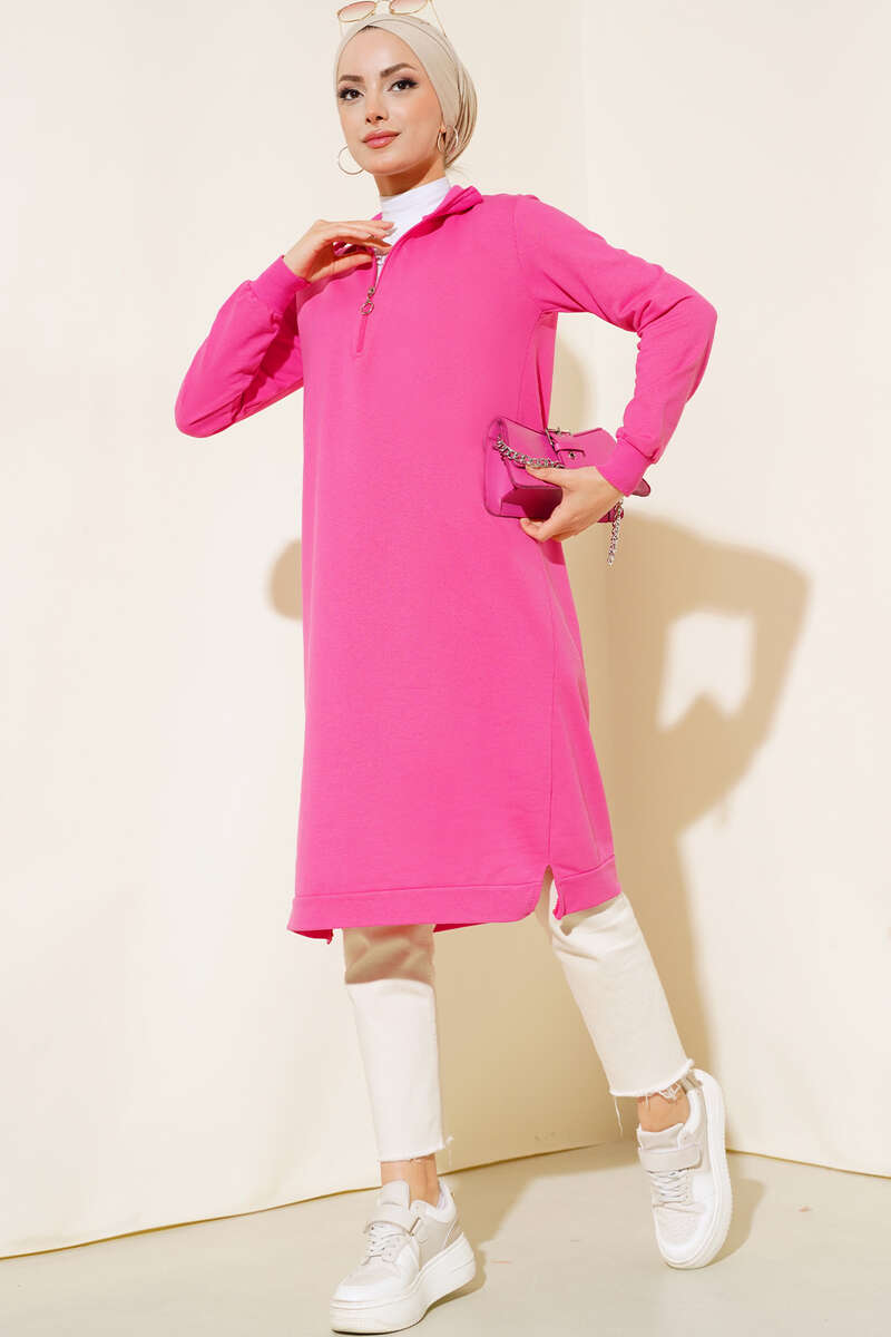 Regular Fit Fuchsia Half-Zip Basic Long Tunic
