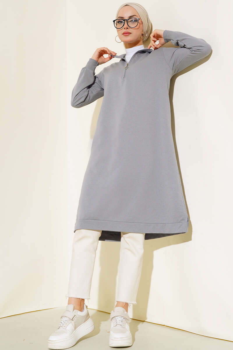 Regular Fit Gray Half-Zip Basic Long Tunic