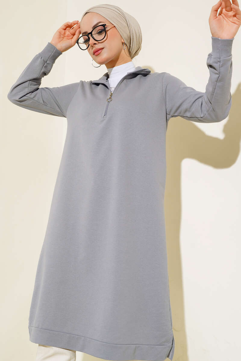 Regular Fit Gray Half-Zip Basic Long Tunic