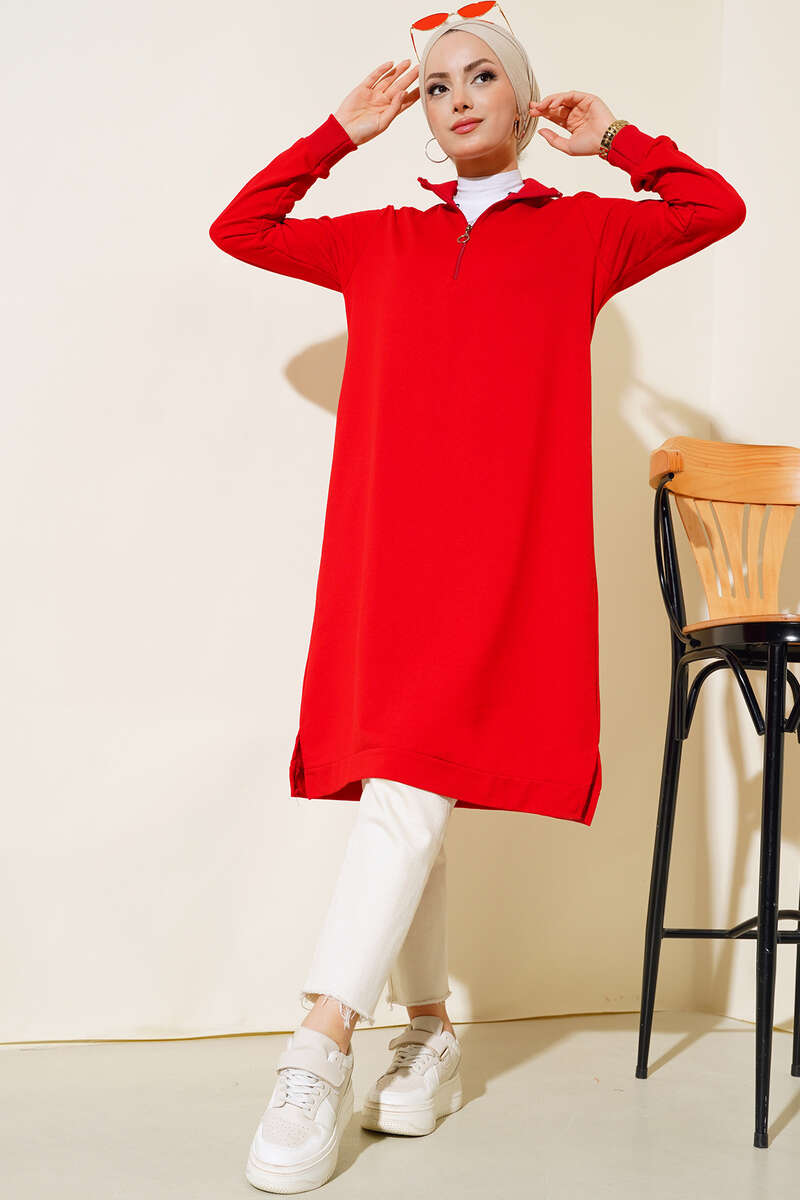 Regular Fit Red Half-Zip Basic Long Tunic