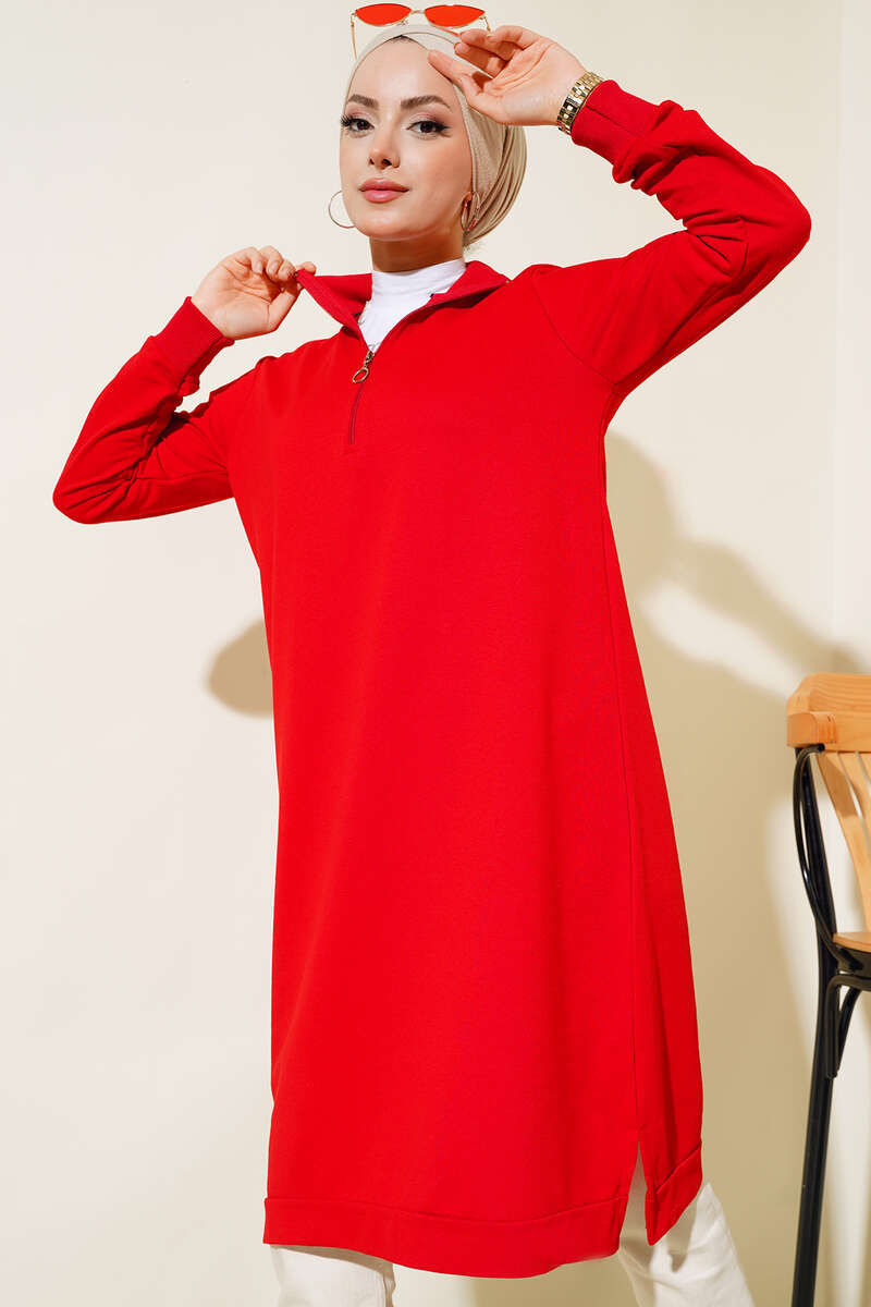 Regular Fit Red Half-Zip Basic Long Tunic