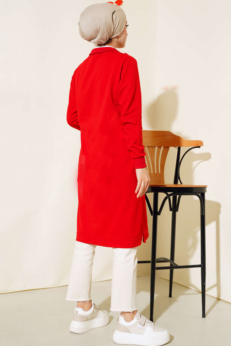 Regular Fit Red Half-Zip Basic Long Tunic