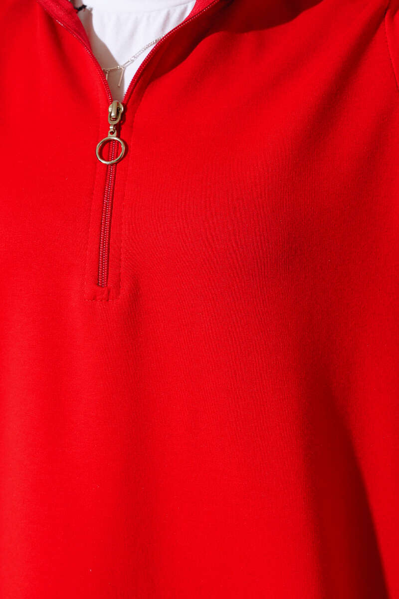 Regular Fit Red Half-Zip Basic Long Tunic