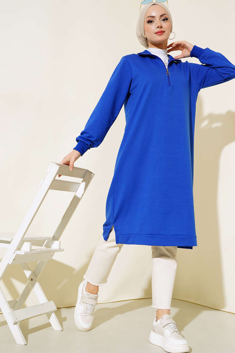 Regular Fit Blue Half-Zip Basic Long Tunic