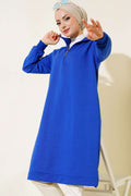 Regular Fit Blue Half-Zip Basic Long Tunic