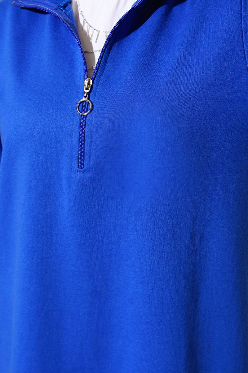 Regular Fit Blue Half-Zip Basic Long Tunic