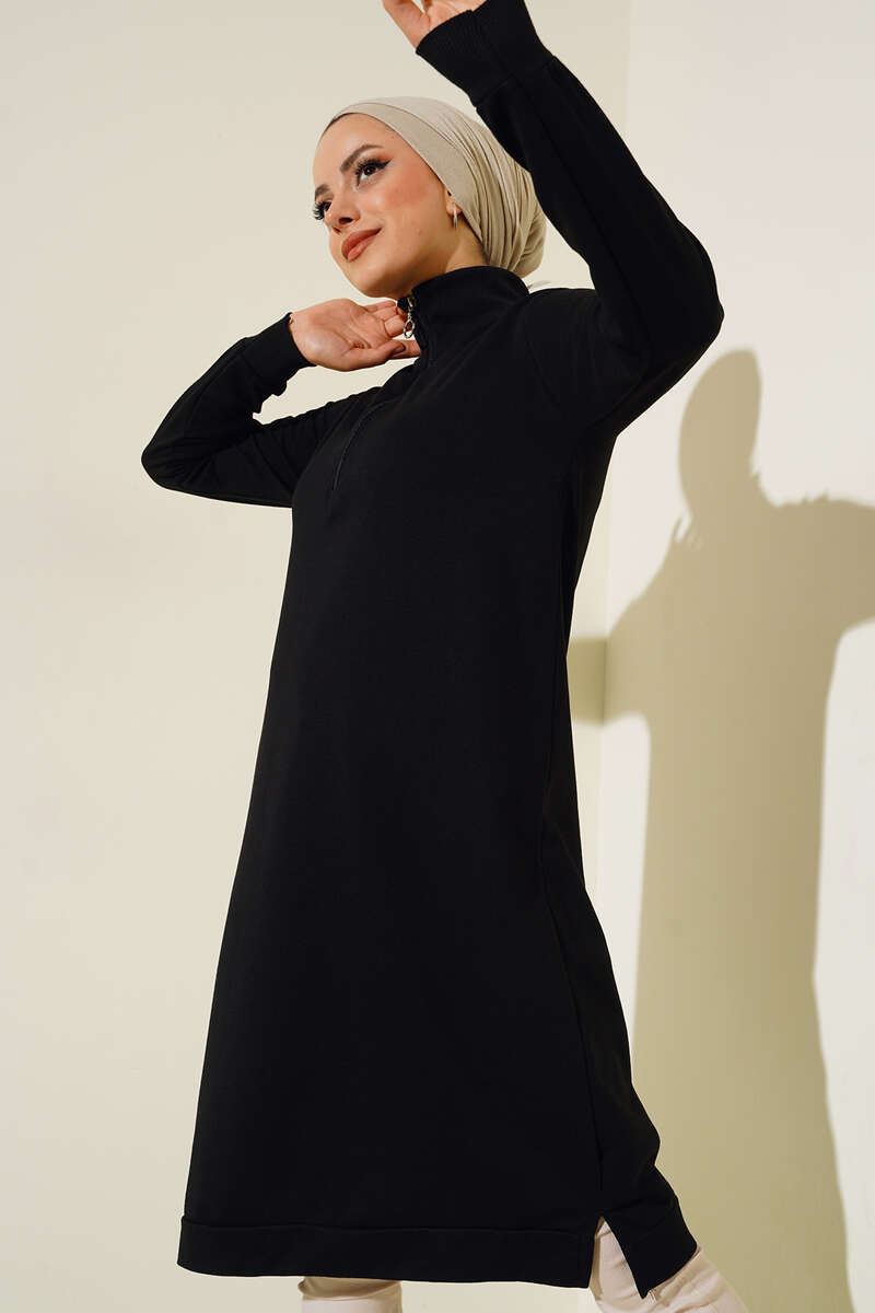 Regular Fit Black Half-Zip Basic Long Tunic