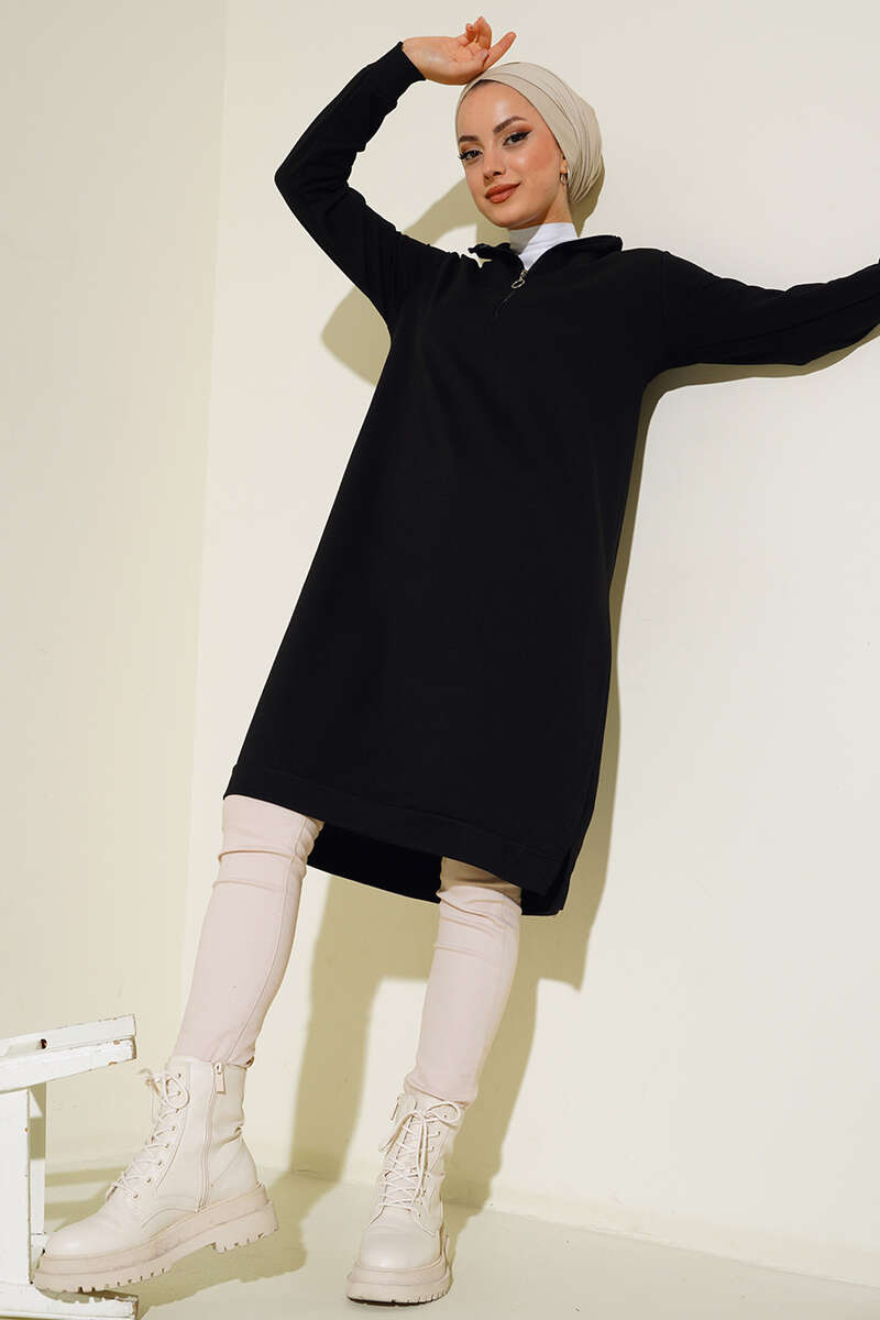 Regular Fit Black Half-Zip Basic Long Tunic