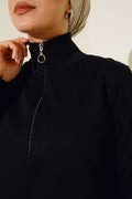 Regular Fit Black Half-Zip Basic Long Tunic