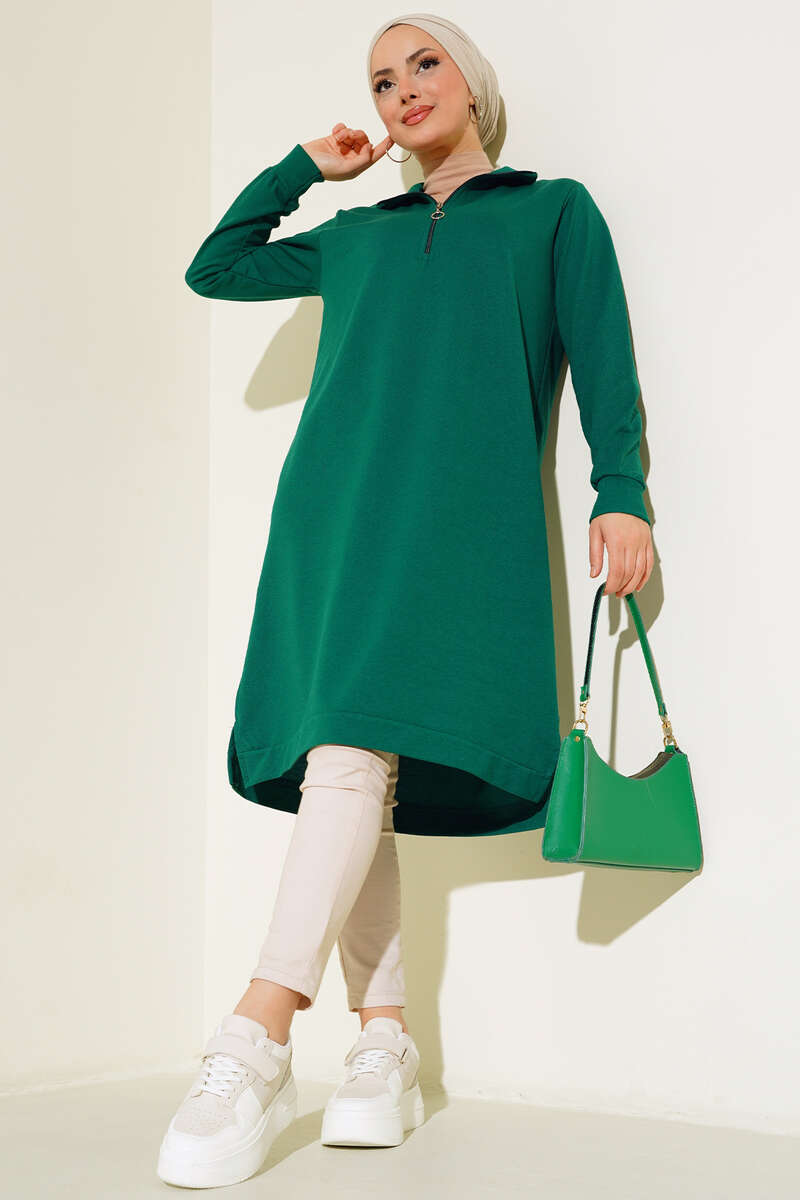 Regular Fit Emerald Green Half-Zip Basic Long Tunic