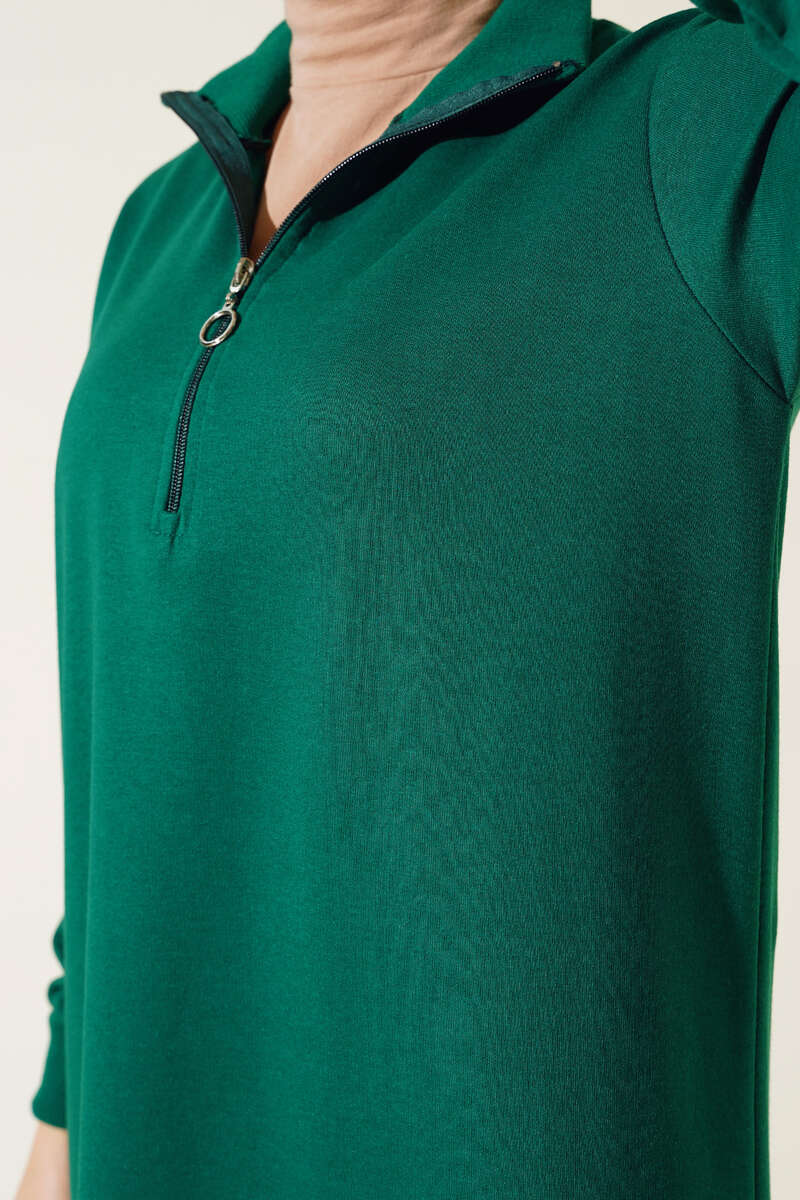 Regular Fit Emerald Green Half-Zip Basic Long Tunic